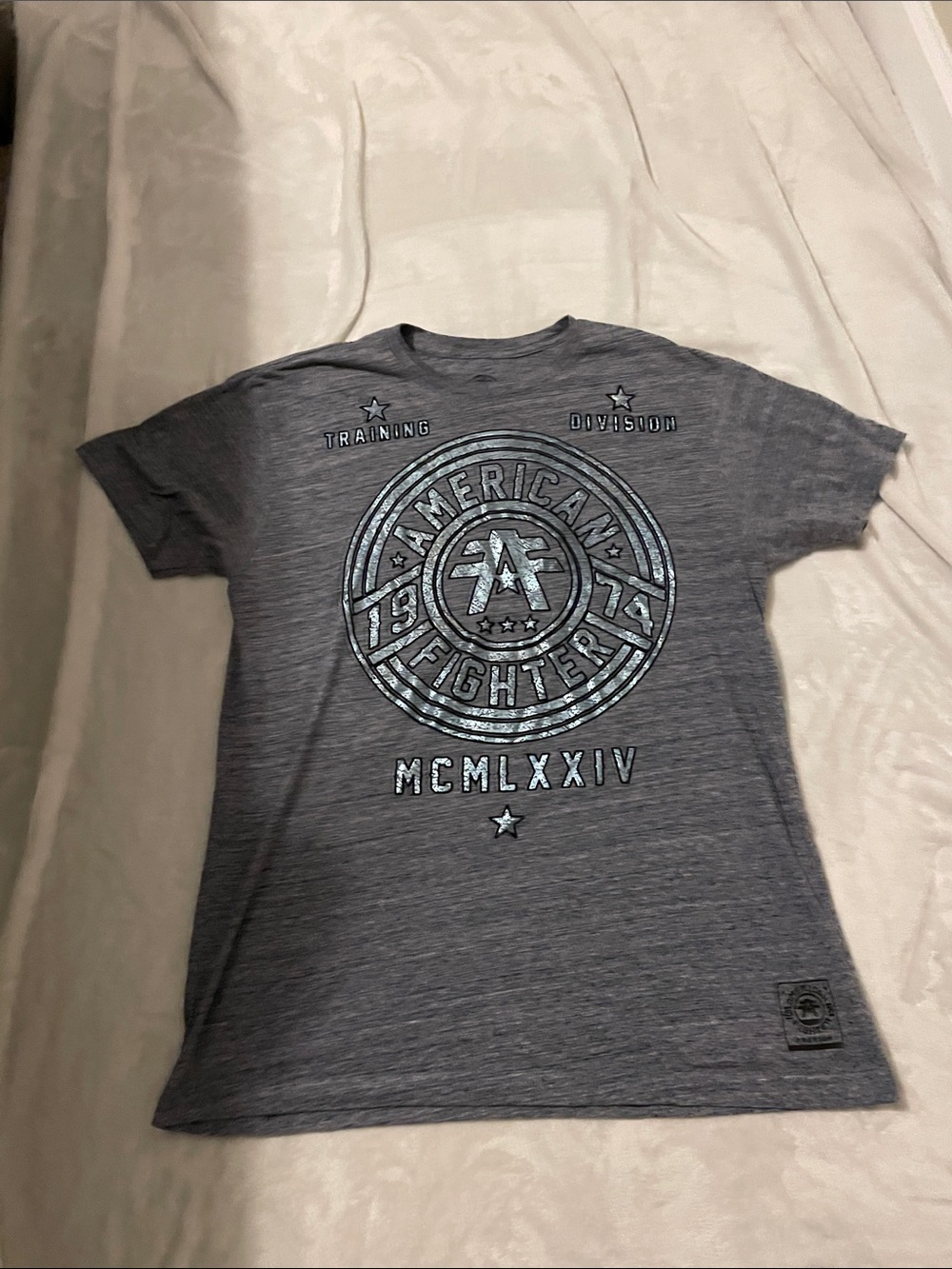 American Fighter Heather Gray Tee with Metallic Blue Graphic